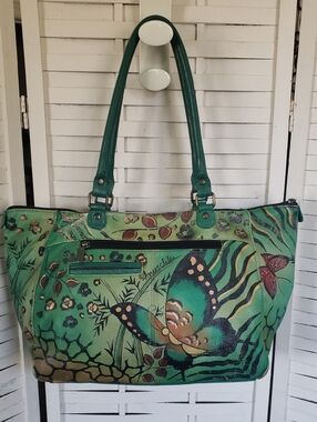 Anuschka Green Butterfly-Print Tote/Shoulder Bag